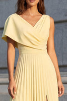 Load image into Gallery viewer, A Line Pleated V-Neck Ruched Butter Yellow Midi Work Dress with Slit