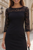 Load image into Gallery viewer, Black Boat Neck 3/4 Sleeves Short Work Dress with Lace