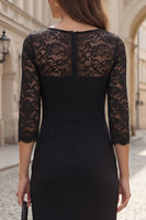 Load image into Gallery viewer, Black Boat Neck 3/4 Sleeves Short Work Dress with Lace