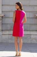 Load image into Gallery viewer, Fuchsia and Red Color Block Patchwork Boat Neck Short Slim Fit Work Dress