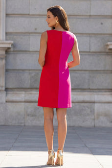 Fuchsia and Red Color Block Patchwork Boat Neck Short Slim Fit Work Dress