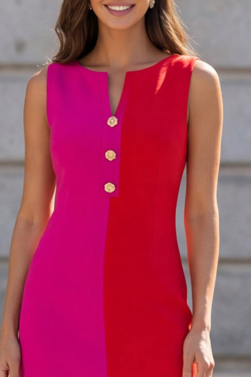 Load image into Gallery viewer, Fuchsia and Red Color Block Patchwork Boat Neck Short Slim Fit Work Dress