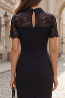 Load image into Gallery viewer, Black Floral Short Sleeves Bodycon Short Work Dress with Lace