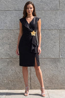 Load image into Gallery viewer, Black Shawl Lapel Ruched Short Ruffled Work Dress with 3D Flower