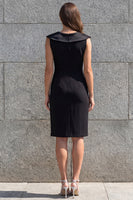 Load image into Gallery viewer, Black Shawl Lapel Ruched Short Ruffled Work Dress with 3D Flower