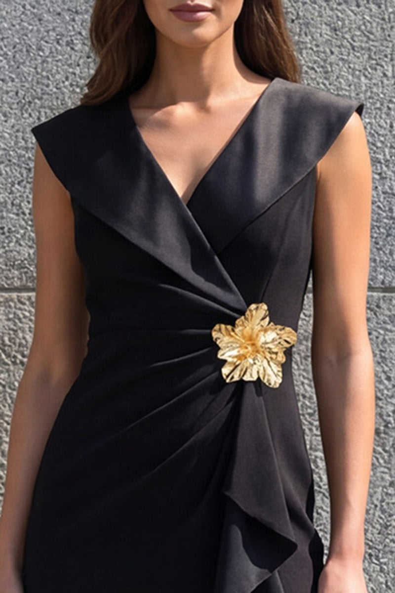 Load image into Gallery viewer, Black Shawl Lapel Ruched Short Ruffled Work Dress with 3D Flower
