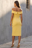 Load image into Gallery viewer, Off the Shoulder Ruffled Ruched Butter Yellow Midi Work Dress with Slit