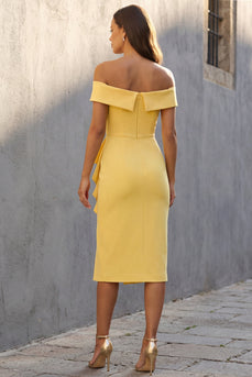 Off the Shoulder Ruffled Ruched Butter Yellow Midi Work Dress with Slit