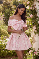 Load image into Gallery viewer, Pink A Line Short Off the Shoulder Floral Birthday Party Dress with Bow