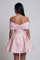 Load image into Gallery viewer, Pink A Line Short Off the Shoulder Floral Birthday Party Dress with Bow
