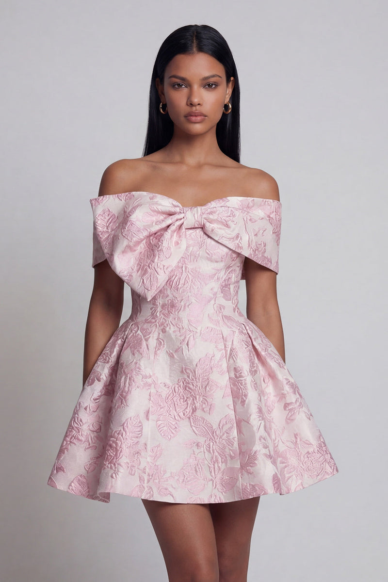 Load image into Gallery viewer, Pink A Line Short Off the Shoulder Floral Birthday Party Dress with Bow