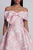 Load image into Gallery viewer, Pink A Line Short Off the Shoulder Floral Birthday Party Dress with Bow