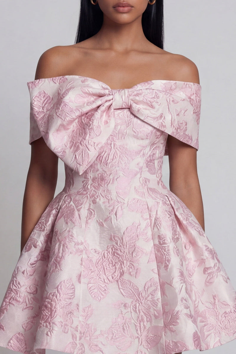Load image into Gallery viewer, Pink A Line Short Off the Shoulder Floral Birthday Party Dress with Bow