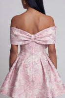 Load image into Gallery viewer, Pink A Line Short Off the Shoulder Floral Birthday Party Dress with Bow