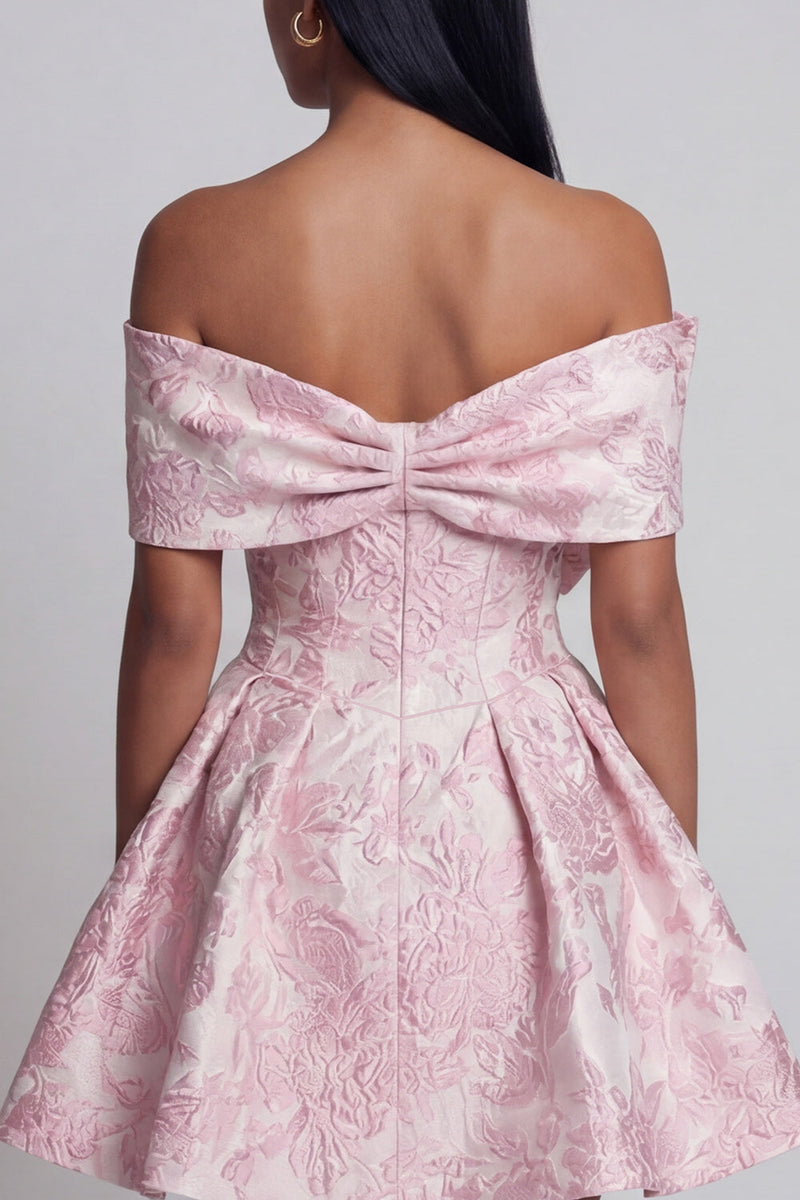 Load image into Gallery viewer, Pink A Line Short Off the Shoulder Floral Birthday Party Dress with Bow
