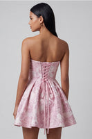 Load image into Gallery viewer, Pink Ruffled Strapless A Line Short Floral Corset Birthday Party Dress with Bow
