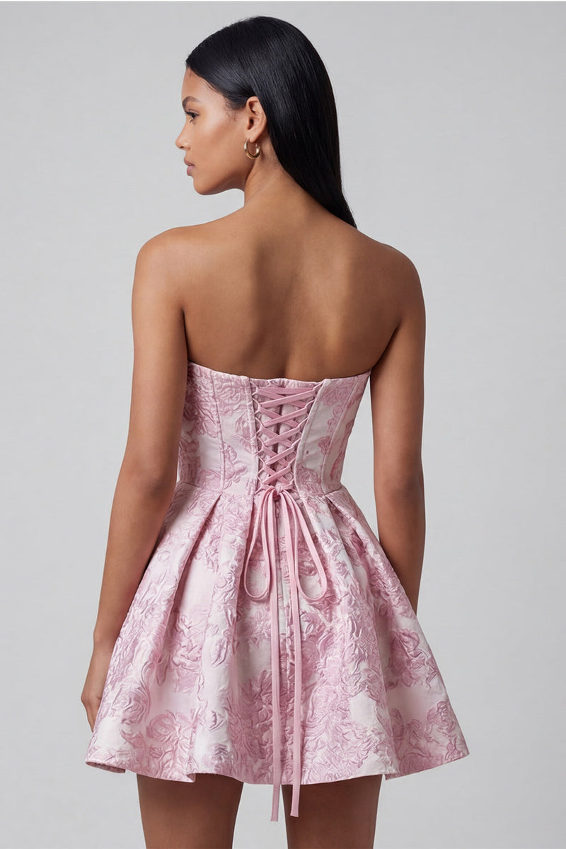 Load image into Gallery viewer, Pink Ruffled Strapless A Line Short Floral Corset Birthday Party Dress with Bow