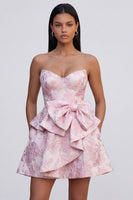 Load image into Gallery viewer, Pink Ruffled Strapless A Line Short Floral Corset Birthday Party Dress with Bow