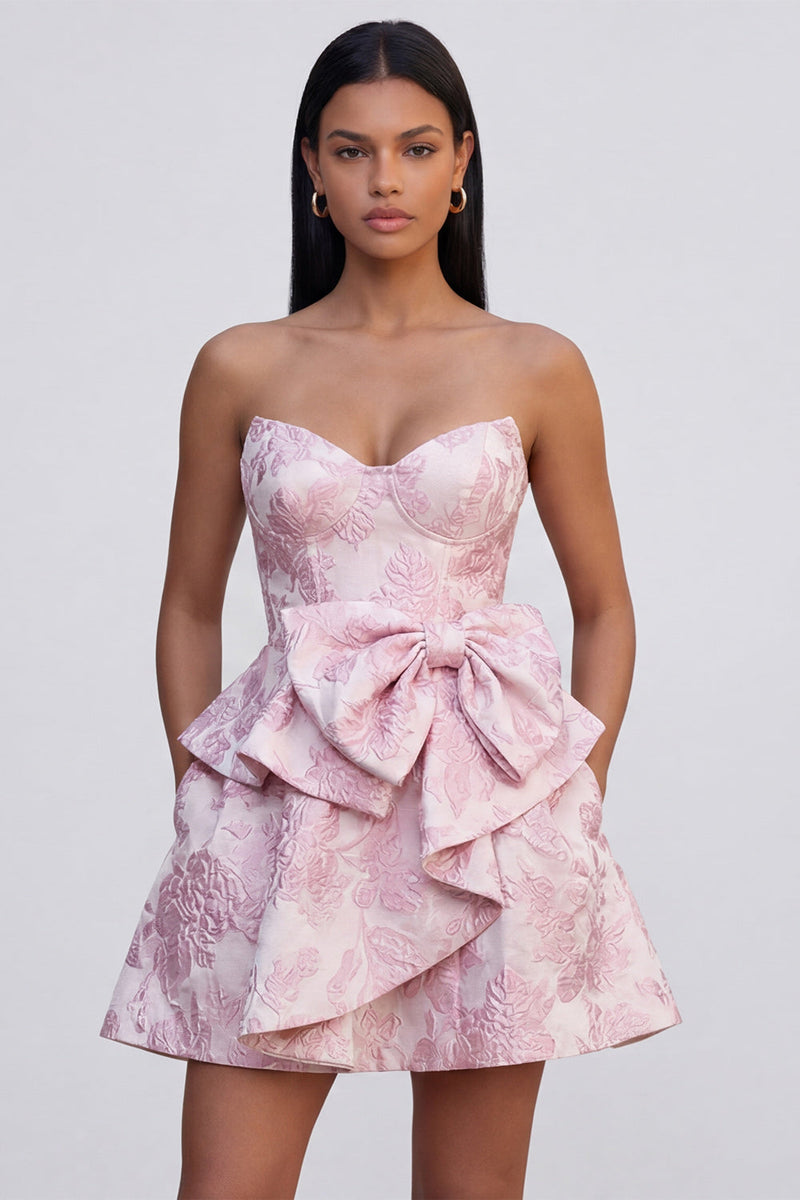Load image into Gallery viewer, Pink Ruffled Strapless A Line Short Floral Corset Birthday Party Dress with Bow