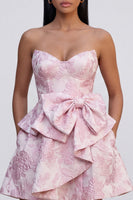 Load image into Gallery viewer, Pink Ruffled Strapless A Line Short Floral Corset Birthday Party Dress with Bow