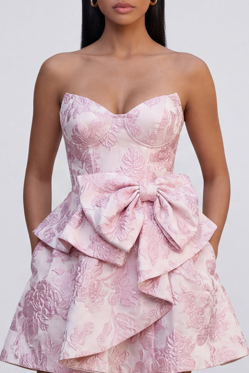 Load image into Gallery viewer, Pink Ruffled Strapless A Line Short Floral Corset Birthday Party Dress with Bow
