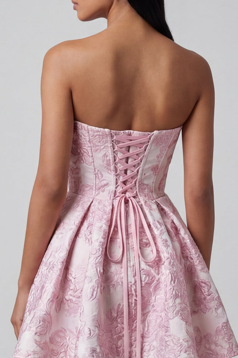 Load image into Gallery viewer, Pink Ruffled Strapless A Line Short Floral Corset Birthday Party Dress with Bow