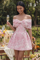 Load image into Gallery viewer, Floral A Line Short Off the Shoulder Pink Birthday Party Dress with Bow