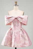 Load image into Gallery viewer, Floral A Line Short Off the Shoulder Pink Birthday Party Dress with Bow