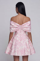 Load image into Gallery viewer, Floral A Line Short Off the Shoulder Pink Birthday Party Dress with Bow