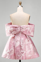 Load image into Gallery viewer, Floral A Line Short Off the Shoulder Pink Birthday Party Dress with Bow