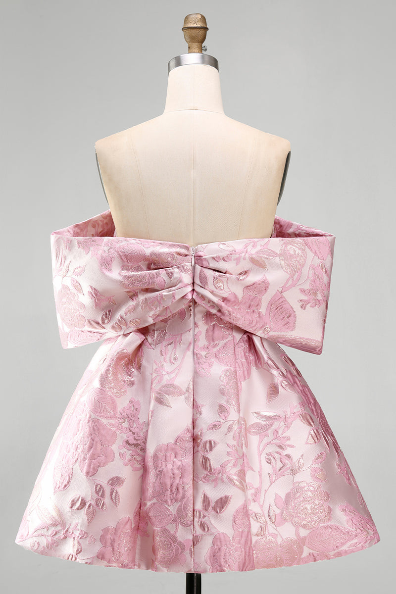 Load image into Gallery viewer, Floral A Line Short Off the Shoulder Pink Birthday Party Dress with Bow