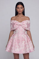Load image into Gallery viewer, Floral A Line Short Off the Shoulder Pink Birthday Party Dress with Bow