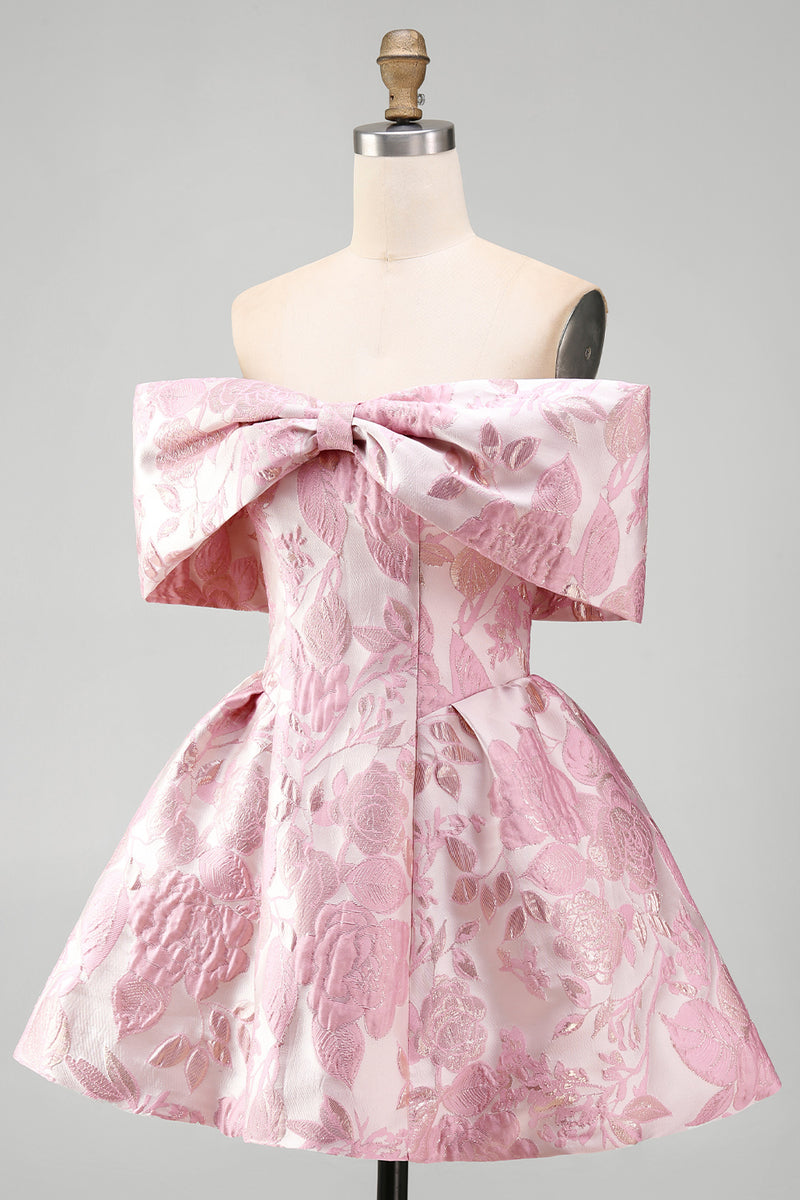 Load image into Gallery viewer, Floral A Line Short Off the Shoulder Pink Birthday Party Dress with Bow