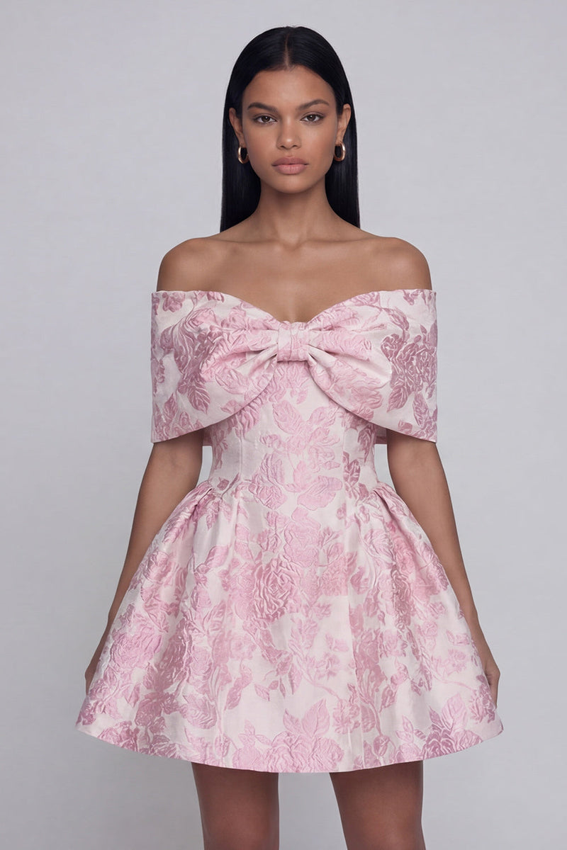 Load image into Gallery viewer, Floral A Line Short Off the Shoulder Pink Birthday Party Dress with Bow