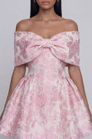 Load image into Gallery viewer, Floral A Line Short Off the Shoulder Pink Birthday Party Dress with Bow