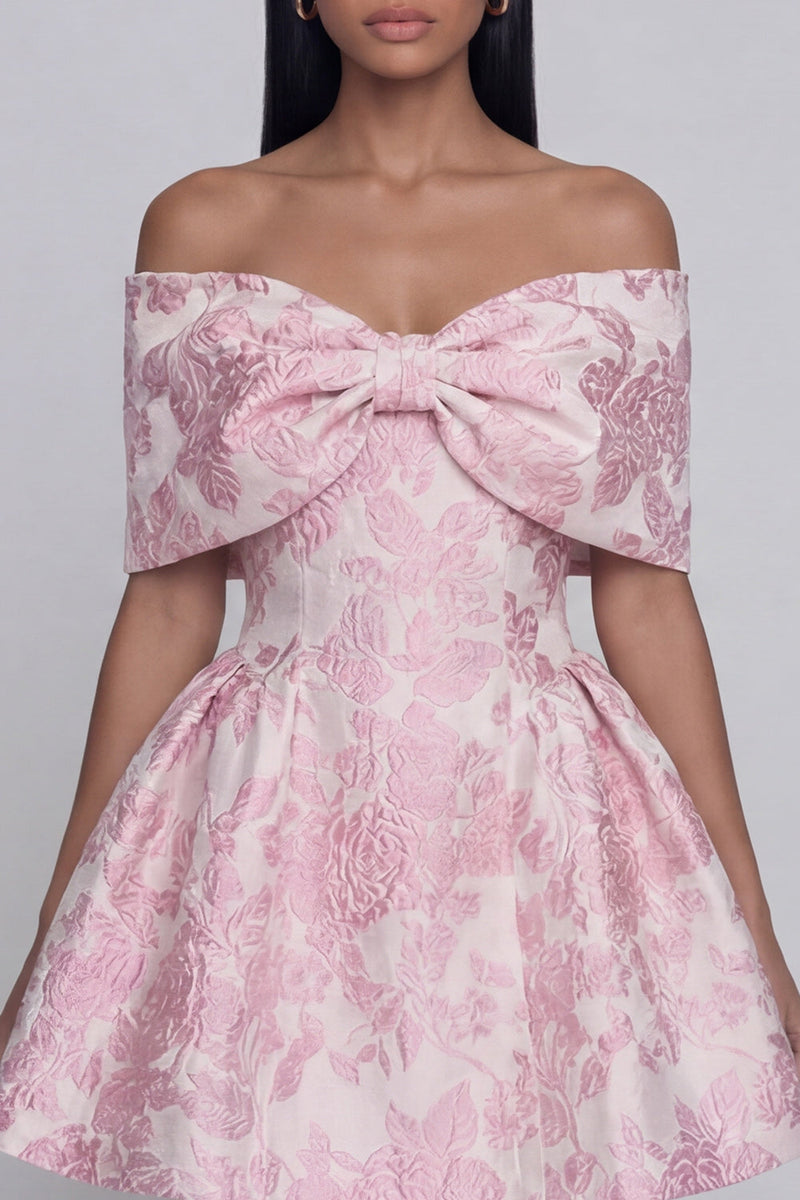 Load image into Gallery viewer, Floral A Line Short Off the Shoulder Pink Birthday Party Dress with Bow