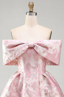 Load image into Gallery viewer, Floral A Line Short Off the Shoulder Pink Birthday Party Dress with Bow