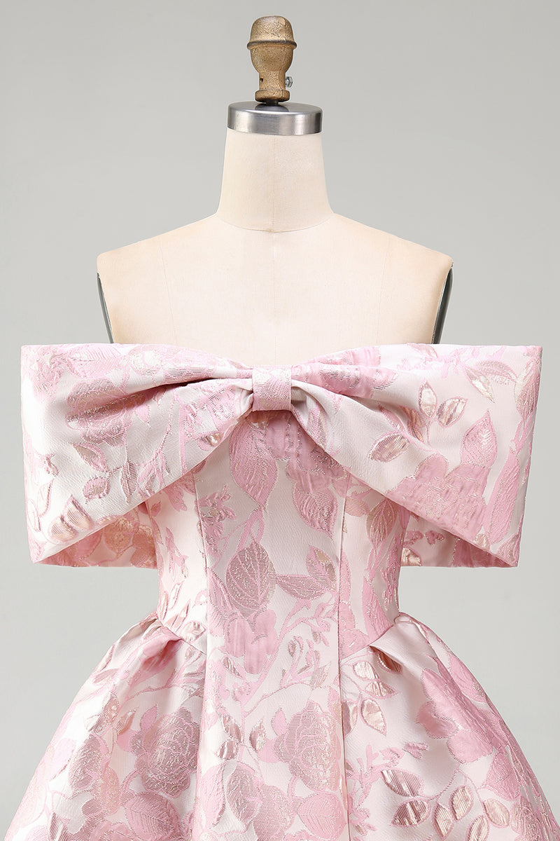 Load image into Gallery viewer, Floral A Line Short Off the Shoulder Pink Birthday Party Dress with Bow