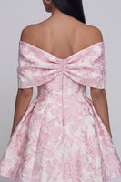 Load image into Gallery viewer, Floral A Line Short Off the Shoulder Pink Birthday Party Dress with Bow