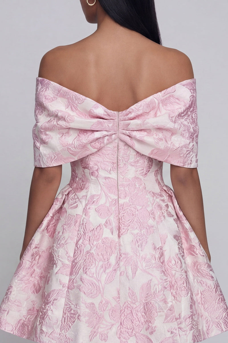 Load image into Gallery viewer, Floral A Line Short Off the Shoulder Pink Birthday Party Dress with Bow
