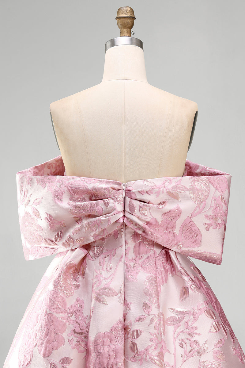 Load image into Gallery viewer, Floral A Line Short Off the Shoulder Pink Birthday Party Dress with Bow