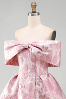 Load image into Gallery viewer, Floral A Line Short Off the Shoulder Pink Birthday Party Dress with Bow