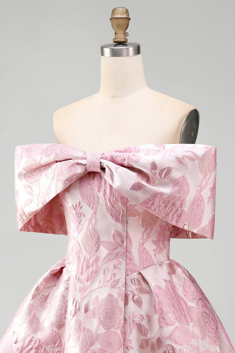 Load image into Gallery viewer, Floral A Line Short Off the Shoulder Pink Birthday Party Dress with Bow