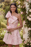 Load image into Gallery viewer, Pink A Line Floral Short One Shoulder Birthday Party Dress with Bow