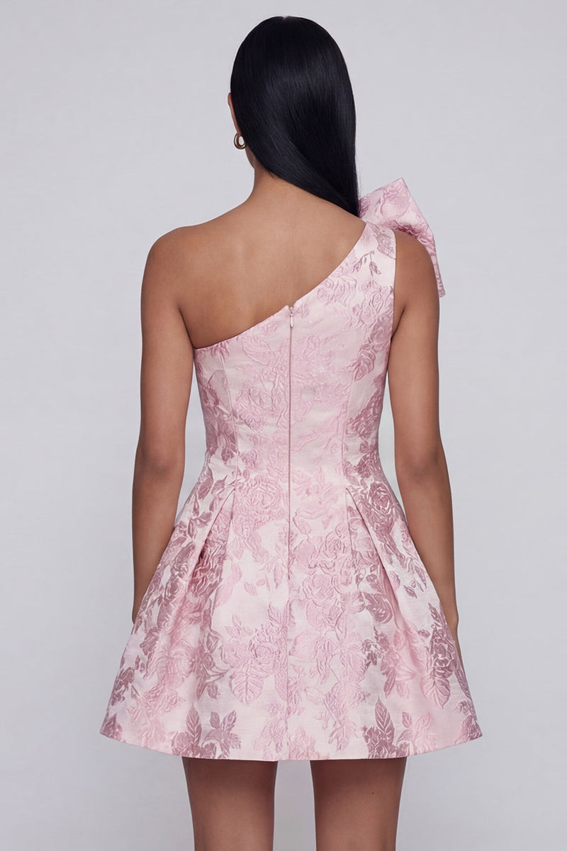 Load image into Gallery viewer, Pink A Line Floral Short One Shoulder Birthday Party Dress with Bow