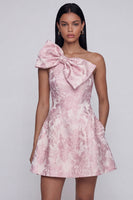 Load image into Gallery viewer, Pink A Line Floral Short One Shoulder Birthday Party Dress with Bow