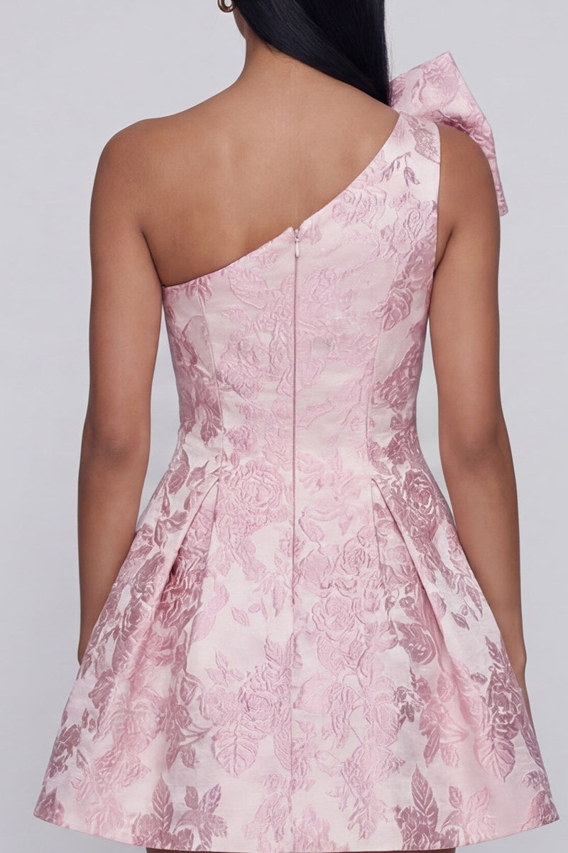 Load image into Gallery viewer, Pink A Line Floral Short One Shoulder Birthday Party Dress with Bow
