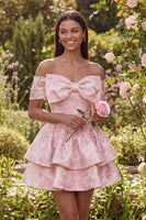 Load image into Gallery viewer, Ruffled Short Floral Pink Off the Shoulder A Line Birthday Party Dress with Bow