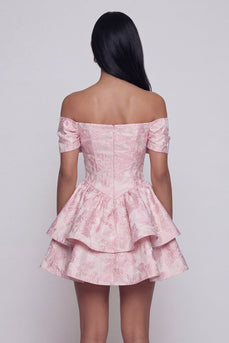 Ruffled Short Floral Pink Off the Shoulder A Line Birthday Party Dress with Bow