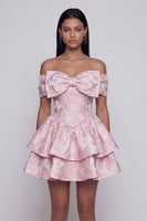 Load image into Gallery viewer, Ruffled Short Floral Pink Off the Shoulder A Line Birthday Party Dress with Bow